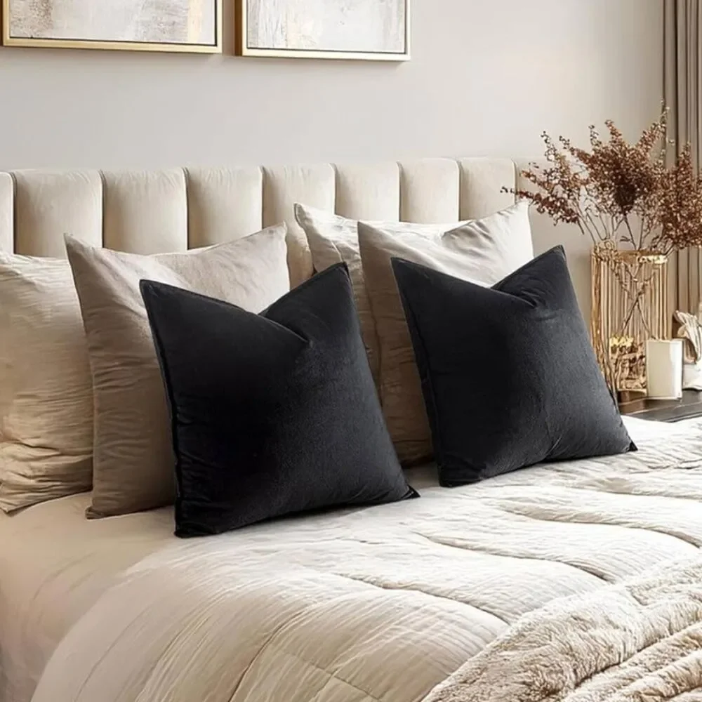 Jet Black VELVET Euro Accent Pillow Covers Luxury High End Hotel Vibes